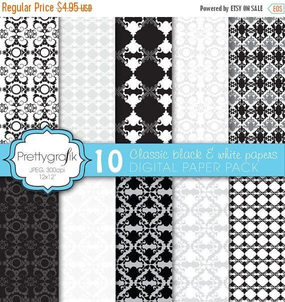 80% OFF SALE damask black and white digital Scrapbook Papers set, black, white, invitations, floral - PGPSPK566 Il_570xn