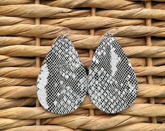 BLACK and WHITE Snakeskin Print Leather Teardrop Earrings- Leather Teardrop Earrings- Big Leather Earrings- Statement Earrings