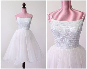 1950s VINTAGE Dress / Wedding Dress / 50s Dress / Cupcake / Chiffon / Sequins / Prom