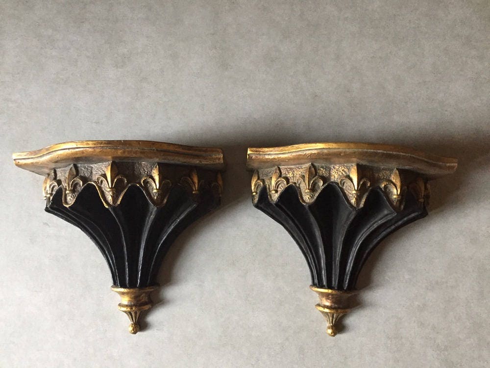 Fleur de Lis Wall Shelf Sconces ,Pair Black and Gold Plaster Shelves