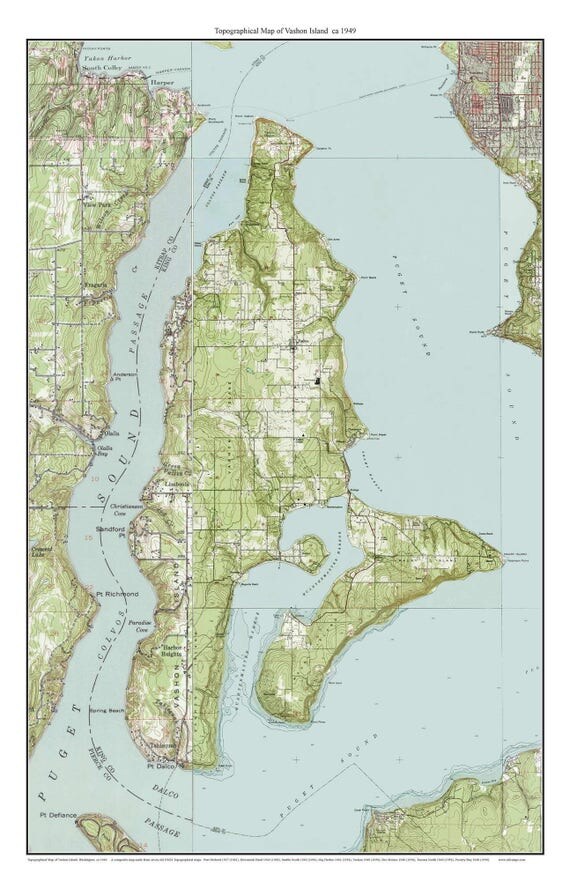 Vashon Island ca. 1949 USGS Old Topographic Map Custom