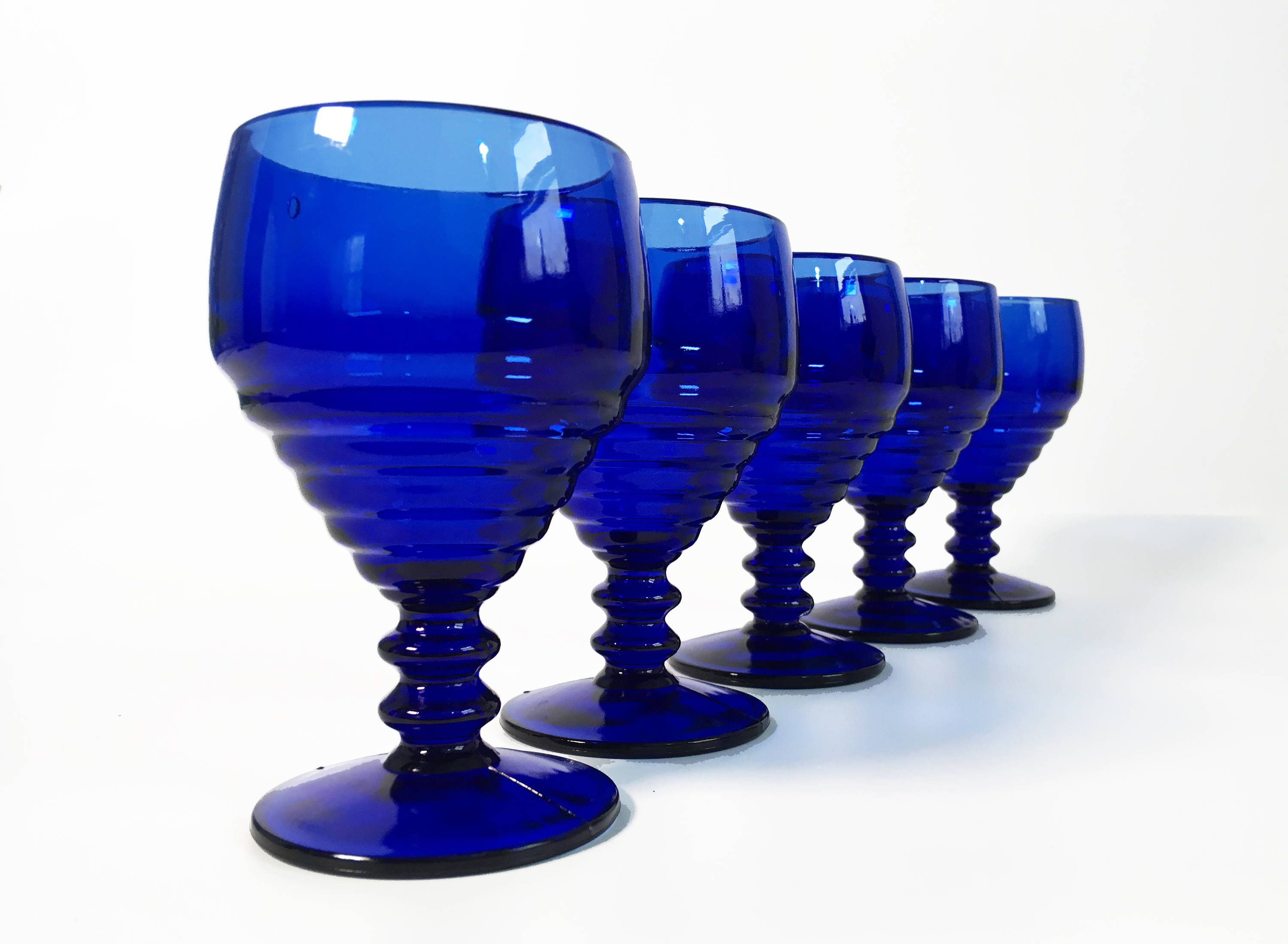 Download Vintage Set 5 Blue Depression Glass Wine or Low Water Goblets - Penny Line Cobalt Blue Paden ...