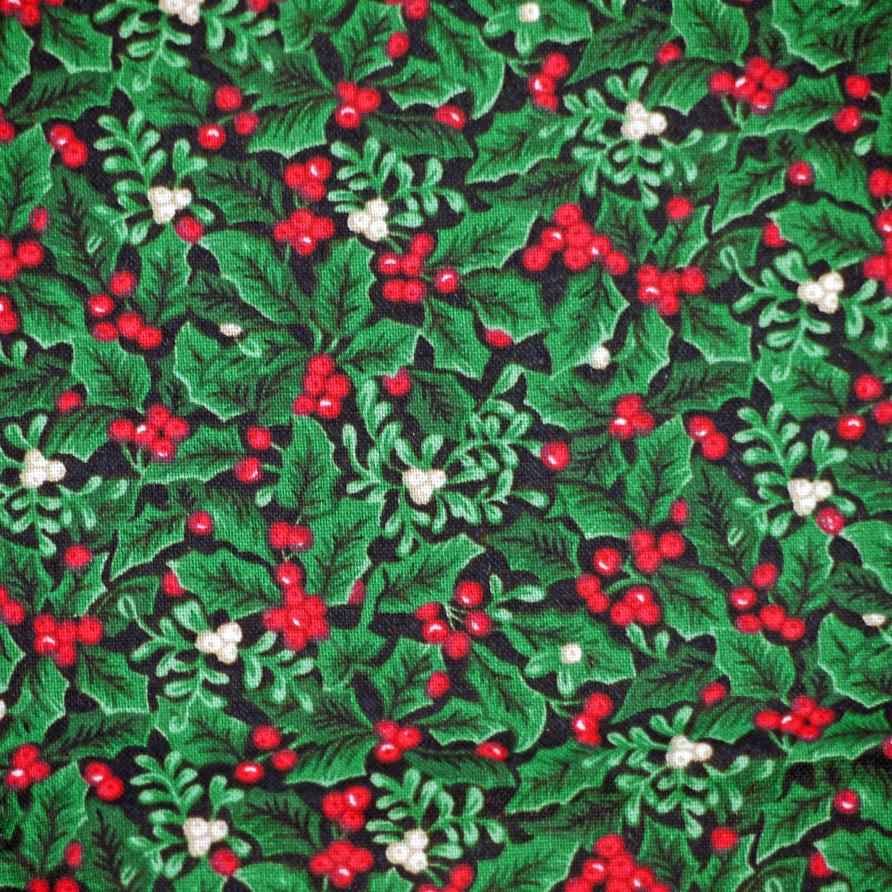 1/2 YARD, COTTON PRINT, Green Holly, Christmas Quilting Fabric, White
