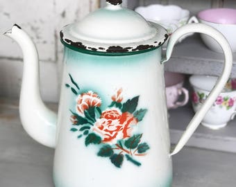 A beautiful large antique French enamel coffee pot with floral detail
