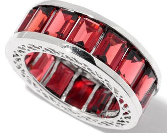Sterling Silver Emerald Cut Red Garnet Eternity Band Ring SZ 5,6,7,8,9,10