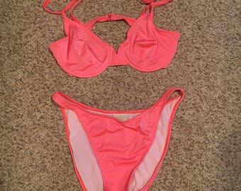 Vintage 80s 90s Neon Orange sHINY Sunsets Seperates Swimsuit High Cut Bottom Bikini/Two Pc sUIT/Baywatch Neon Colorblock NWOT Size L -XL