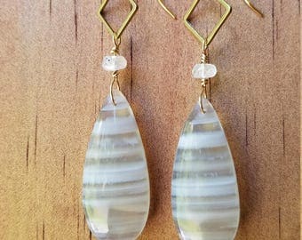 Crazy lace agate with moonstone on brass earrings