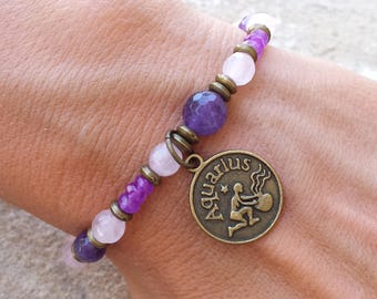 Zodiac Mala bracelet, Gemstone bracelet, Mala bracelet, Amethyst bracelet, Quatz bracelet, Yoga bracelet, Zodiac bracelet