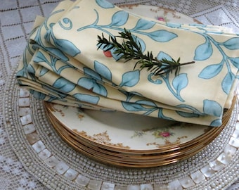 Floral Linen Napkins Set of 6 Vintage Cloth Napkins, Pale Yellow Blue Floral Print Napkins Dinner Napkins, Tea Napkins