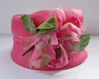 VINTAGE WOMEN'S HAT, Pink hat, Vintage fashion, Flowers, Braided hat, Straw hat, Summer hat, Costume accessory, Hat box, Wedding