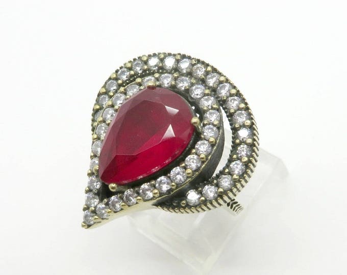 Vintage Faux Ruby Statement Ring | Two Tone Sterling Silver | Ruby Quartz, CZ Halo Cocktail Ring | Size 8