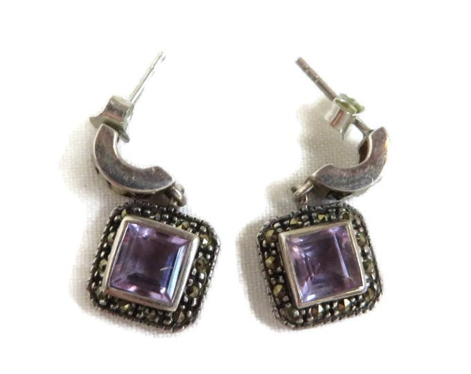 Amethyst Glass Dangling Studs, Vintage Sterling Silver Pierced Studs, Faux Amethyst Marcasite Earrings