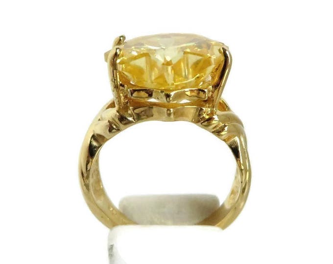 Vintage Sterling Silver Citrine CZ Ring, Gold Plated Silver Statement Ring, Size 5