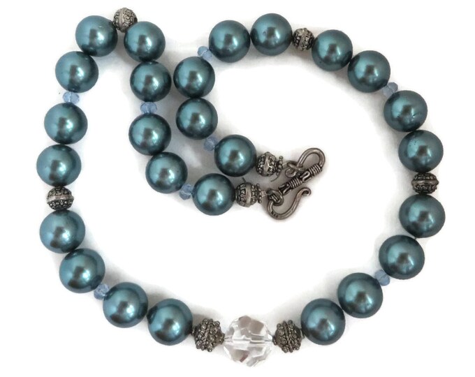 Chunky Teal Blue Beaded Necklace, Vintage Glass Bead Necklace, Gift for Her