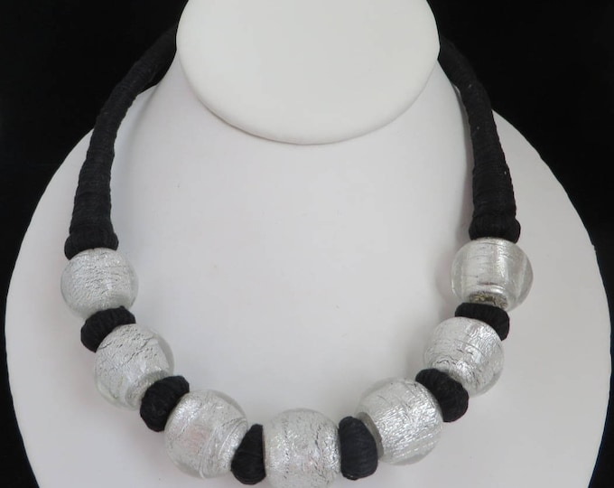 Black White Glass Bead Necklace, Vintage Boho Hippie Corded Necklace
