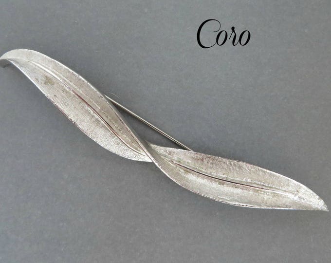 Coro Pegasus Leaf Brooch, Vintage Matte Silver Tone Wide Leaf Pin, Gift for Her