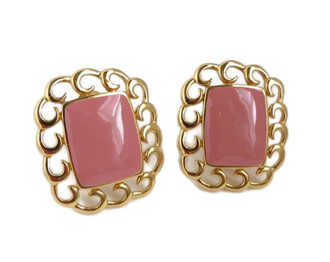 Monet Pink Gold Tone Earrings, Vintage 1970s Dusty Rose Clip-on Earrings