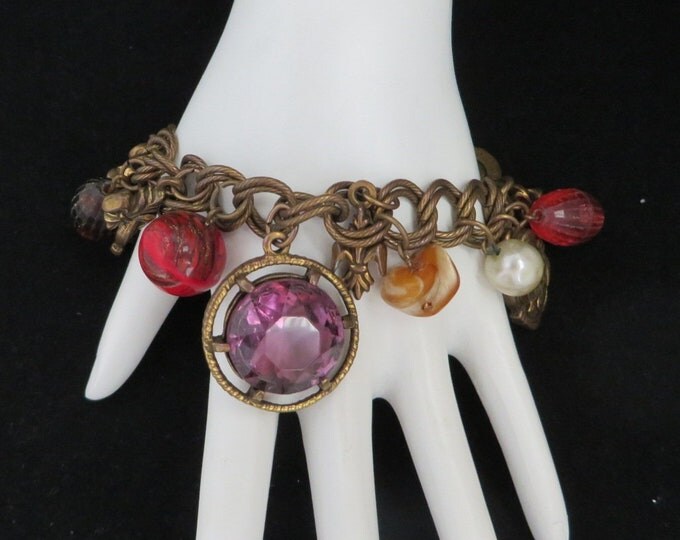 Charm Bracelet, Beaded Bracelet, Vintage Beads, Medallions, Faux Pearls Copper Tone Bracelet, Gift For Her