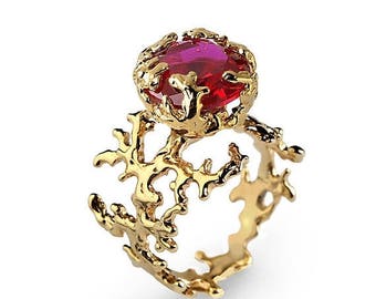 SALE 20% Off - CORAL Ruby Engagement Ring, Statement Ring, Gold Ruby Ring, Gold Engagement Ring, Large Ruby Ring Gold