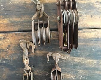 Lot of Four (4) Vintage Metal Pulleys / Double Pulley / Triple Pulley / Industrial / Hooks / Farm Equipment