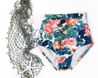 HIGH WAISTED BIKINI, Floral Rose Women's High Waisted Bikini Bottoms