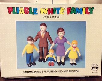 1970s Pliable White Family Bendable Dolls IOB by Marvel, Rubber Family Figurines, Family Rubber Figures, Bendable Figurines, Stretch Dolls