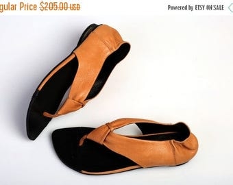 CIJ SALE Leather Sandals, Camel Sandals, Summer Flats, Handmade Sandals, Barefoot Sandals, Orange Sandals, T-strap Sandals, Brigitte