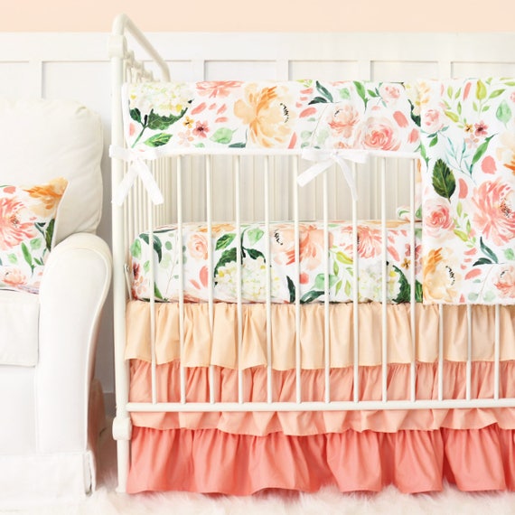 Secret Garden Crib Set Peach Coral and Green Crib Bedding