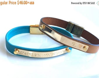 ON SALE Coordinate Bracelet Leather Personalized Women Men Leather Bracelet engraved Copper unisex custom gift for him for her Altitude Long