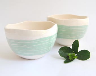 Glazed Spherical Earthenware Planter with Details in Turquoise Green,Striped Sgraffito and Drainage Hole for the Water. Ready To Ship