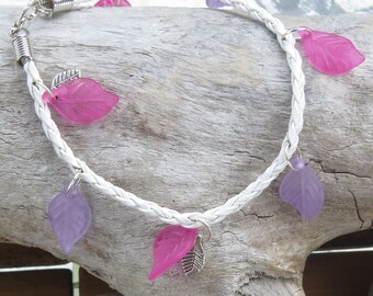 Fancy leaf charms with White Leather braided strap