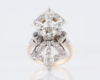 Antique Right Hand Ring Edwardian 1.61 Old European and Mine Cut Diamonds in Platinum and 14k Yellow Gold