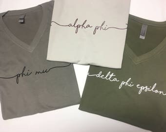 Sorority V Neck T Shirts - Officially Licensed Handwriting Script Tees - Phi Mu - Delta Phi Epsilon - Alpha Phi