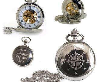 Compass Personalised Double Hunter Mechanical Skeleton Pocket Watch with chain and gift box
