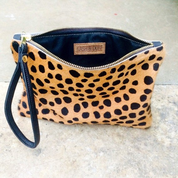 DOTTY leather clutch. Hair on hide clutch. Animal print