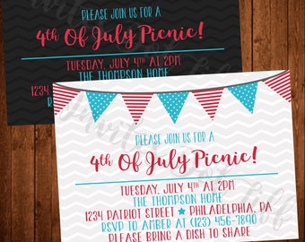 Stars & Stripes 4th of July Picnic Party Invite (Black or White Background Available!) (Printable)