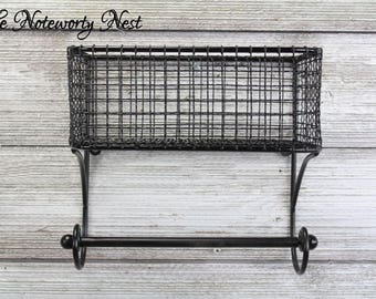 Basket & Towel Rod -bath kitchen organization organization / Industrial Kitchen / Industrial Bathroom / Farmhouse Kitchen/ Black Wire Basket
