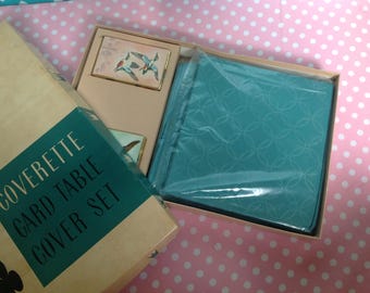 NOS card table cover, aqua tablecloth, blue tablecloth, turquoise tablecloth, quilted tablecloth, card table tablecloth, cover set