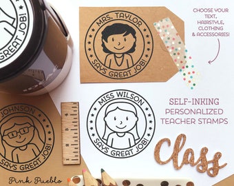 Self Inking Teacher Stamp, Personalized Teacher Stamps, Teacher Gifts - Choose Hairstyle and Accessories