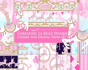 20% off Carousel / Pink Carousel / Carrousel La Belle Epoque Clip Art + Digital Paper Set - Instant Download