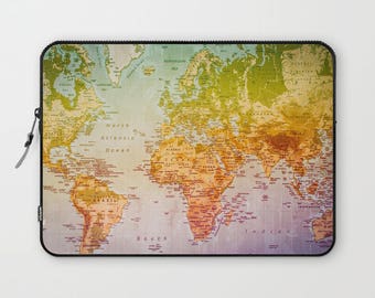 World map laptop sleeve, world map, countries, map, computer cover, office, travel, travel gift, adventure, colorful world