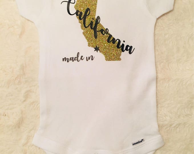 Made in California with Glitter Gold State Baby Onesies®, Baby Bodysuit, Born in California, Baby Shower Gift, Going Home Outfit