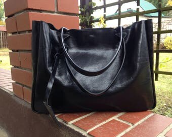 Black Leather Tote Bag – BELLA Black - Medium Size Handmade Leather Tote