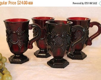 SALE Set of 4 Avon Ruby Red Glass Cape Cod Footed Coffee Mugs