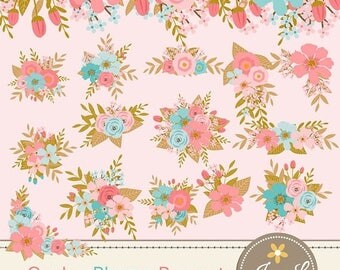 50% OFF Peach Turquoise Bouquet Clipart, Blush Wedding Flowers, Flower Bunches, Floral Arrangement for digital Scrapbooking, Wedding, Birthd