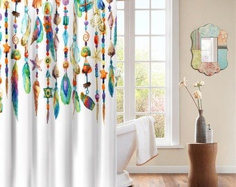 Native American Tribal Feathers Indian Spiritual Icon Decorative Shower Curtain with Rings