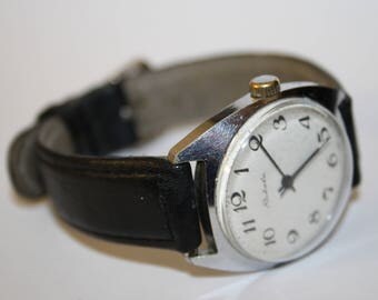 Vintage Raketa Watch Stainless Steel Silver Black Leather Strap Made in USSR