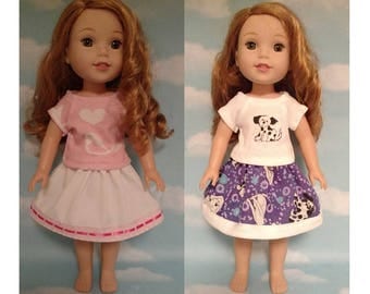 Skirt & Top Fits AG Wellie Wishers, Girl Doll clothes, American Made handmade 14.5 doll Clothing st-500wab