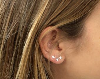 SUMMER SLE Tiny Sterling Silver Stud Earrings, 3 Cross, X Sterling Silver studs,mix match earrings
