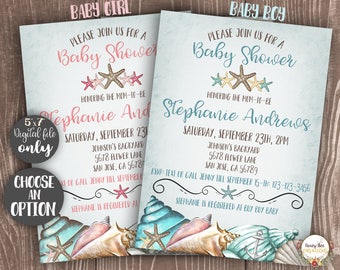 Beach Baby Shower Invitation Printable Baby Boy Or Baby Girl - Sea Seashells Starfish Anchor Invite - DIY Digital Invitation 5x7 inches
